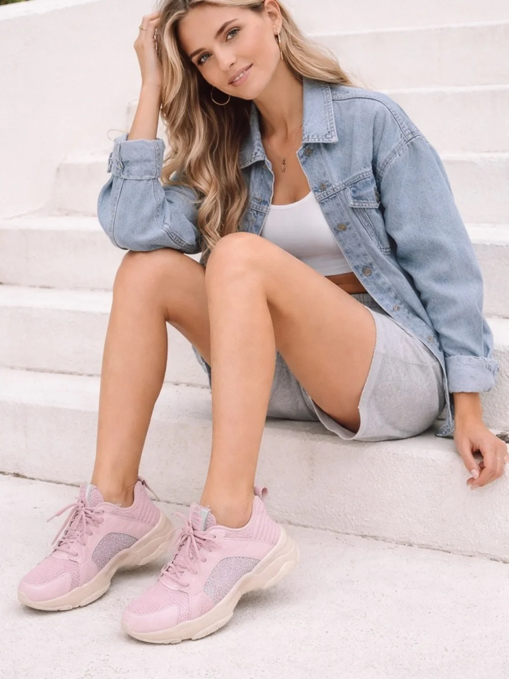 Steve Madden Trendy Pink Rhinestone Sneakers for Women Size 6